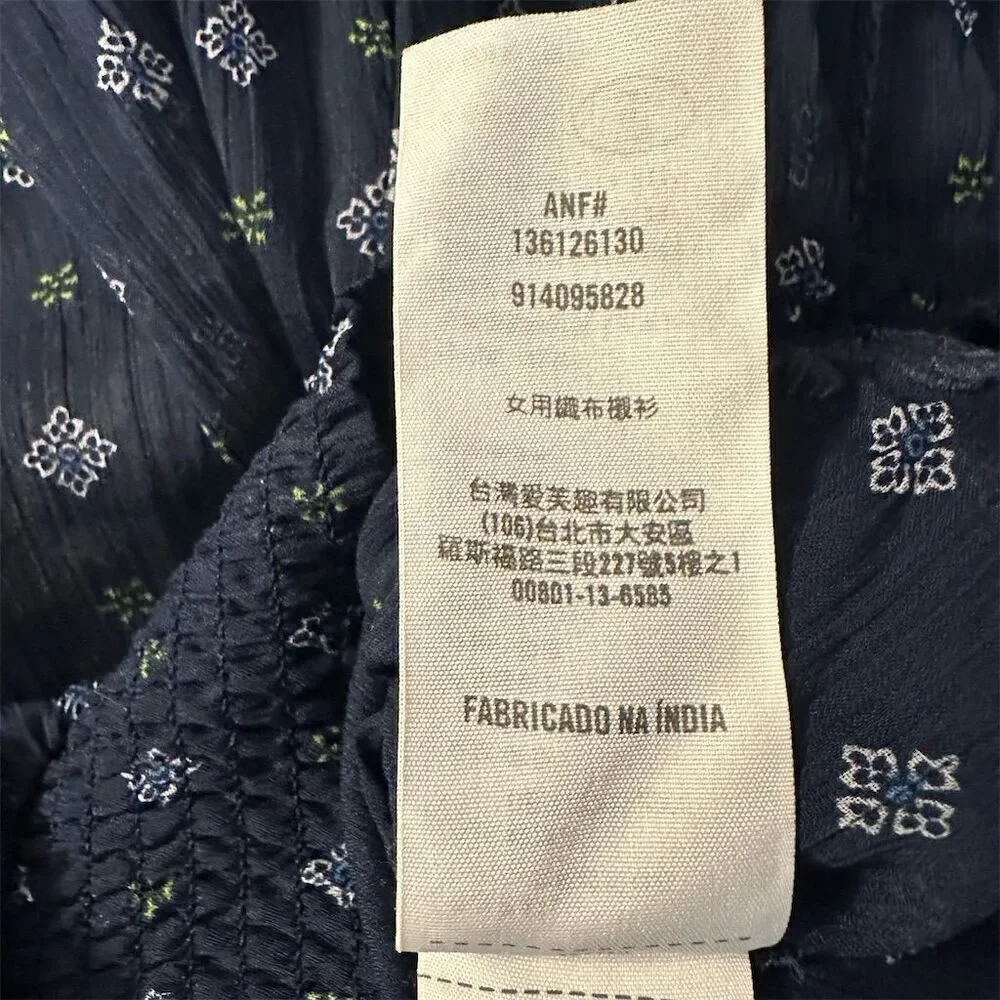 Abercrombie & Fitch Navy Sheer Smocked Peasant Top